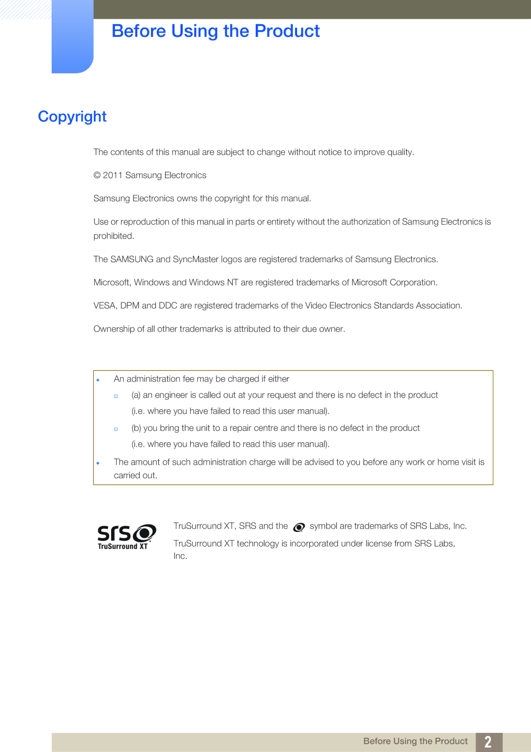 Samsung LH32ARPLBC/EN, LH40ARPLBC/EN, LH46ARPLBC/EN, LH40ARPLBC/XY, LH32ARPLBC/XY manual Before Using the Product, Copyright 