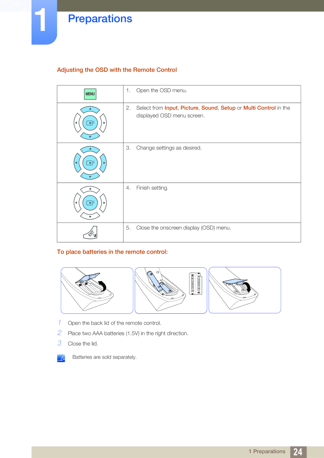 Samsung LH40ARPLBC/EN, LH46ARPLBC/EN Adjusting the OSD with the Remote Control, To place batteries in the remote control 