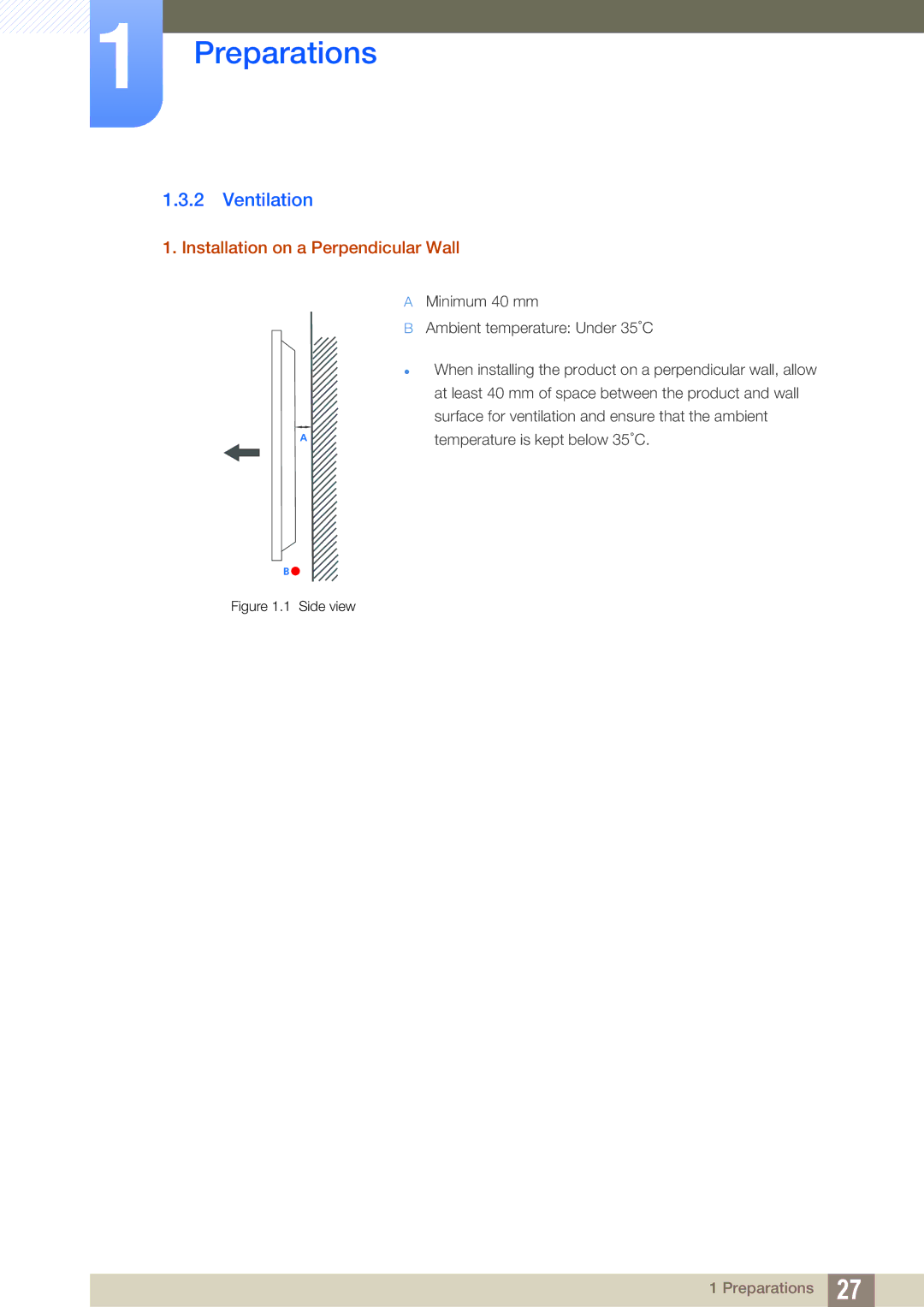 Samsung LH40ARPLBC/XY, LH40ARPLBC/EN, LH46ARPLBC/EN, LH32ARPLBC/EN manual Ventilation, Installation on a Perpendicular Wall 