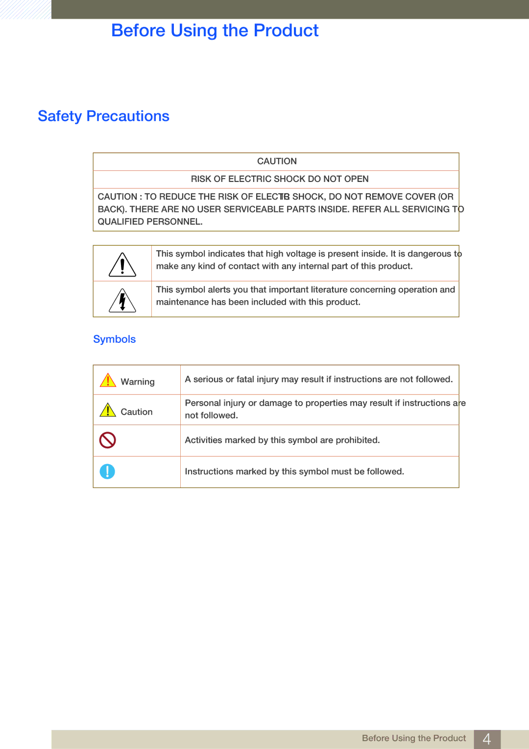 Samsung LH32ARPLBC/XY, LH40ARPLBC/EN, LH46ARPLBC/EN, LH32ARPLBC/EN, LH40ARPLBC/XY, LH46ARPLBC/XY Safety Precautions, Symbols 