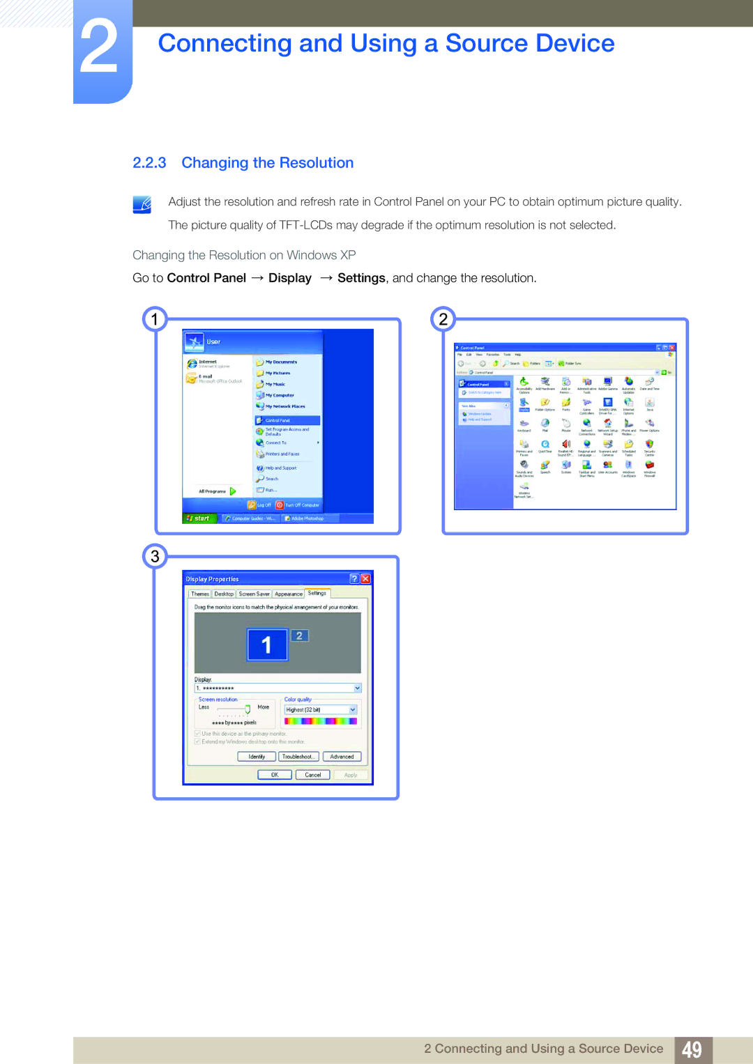 Samsung LH46ARPLBC/EN, LH40ARPLBC/EN, LH32ARPLBC/EN, LH40ARPLBC/XY, LH32ARPLBC/XY Changing the Resolution on Windows XP 