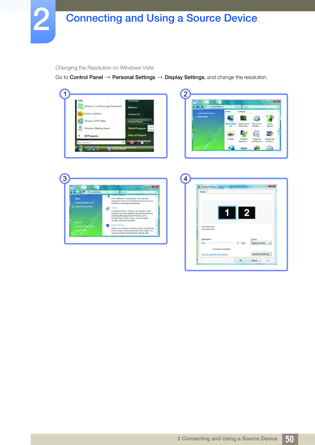 Samsung LH32ARPLBC/EN, LH40ARPLBC/EN, LH46ARPLBC/EN, LH40ARPLBC/XY, LH32ARPLBC/XY Changing the Resolution on Windows Vista 