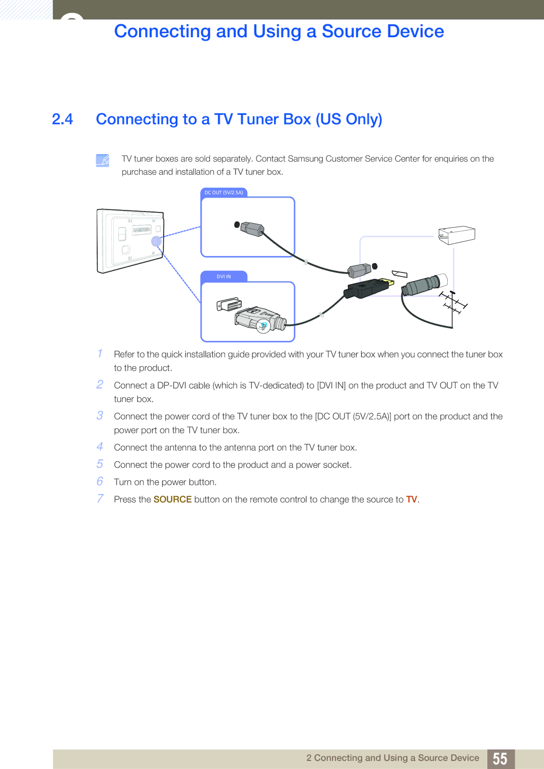 Samsung LH46ARPLBC/EN, LH40ARPLBC/EN, LH32ARPLBC/EN, LH40ARPLBC/XY, LH32ARPLBC/XY manual Connecting to a TV Tuner Box US Only 