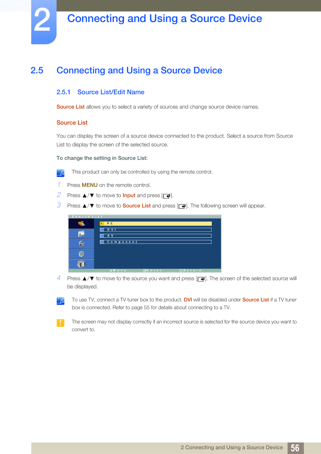 Samsung LH32ARPLBC/EN Connecting and Using a Source Device, Source List/Edit Name, To change the setting in Source List 