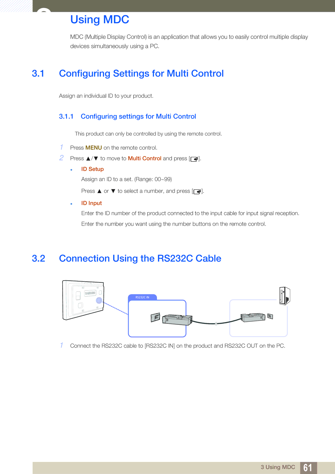 Samsung LH46ARPLBC/EN manual Configuring Settings for Multi Control, Connection Using the RS232C Cable, ID Setup, ID Input 