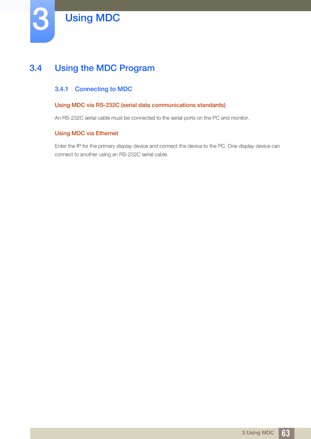 Samsung LH40ARPLBC/XY Using the MDC Program, Connecting to MDC, Using MDC via RS-232C serial data communications standards 