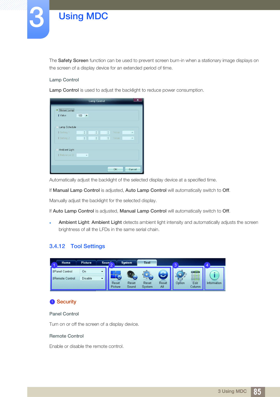 Samsung LH46ARPLBC/EN, LH40ARPLBC/EN, LH32ARPLBC/EN manual Tool Settings, Lamp Control, Panel Control, Remote Control 