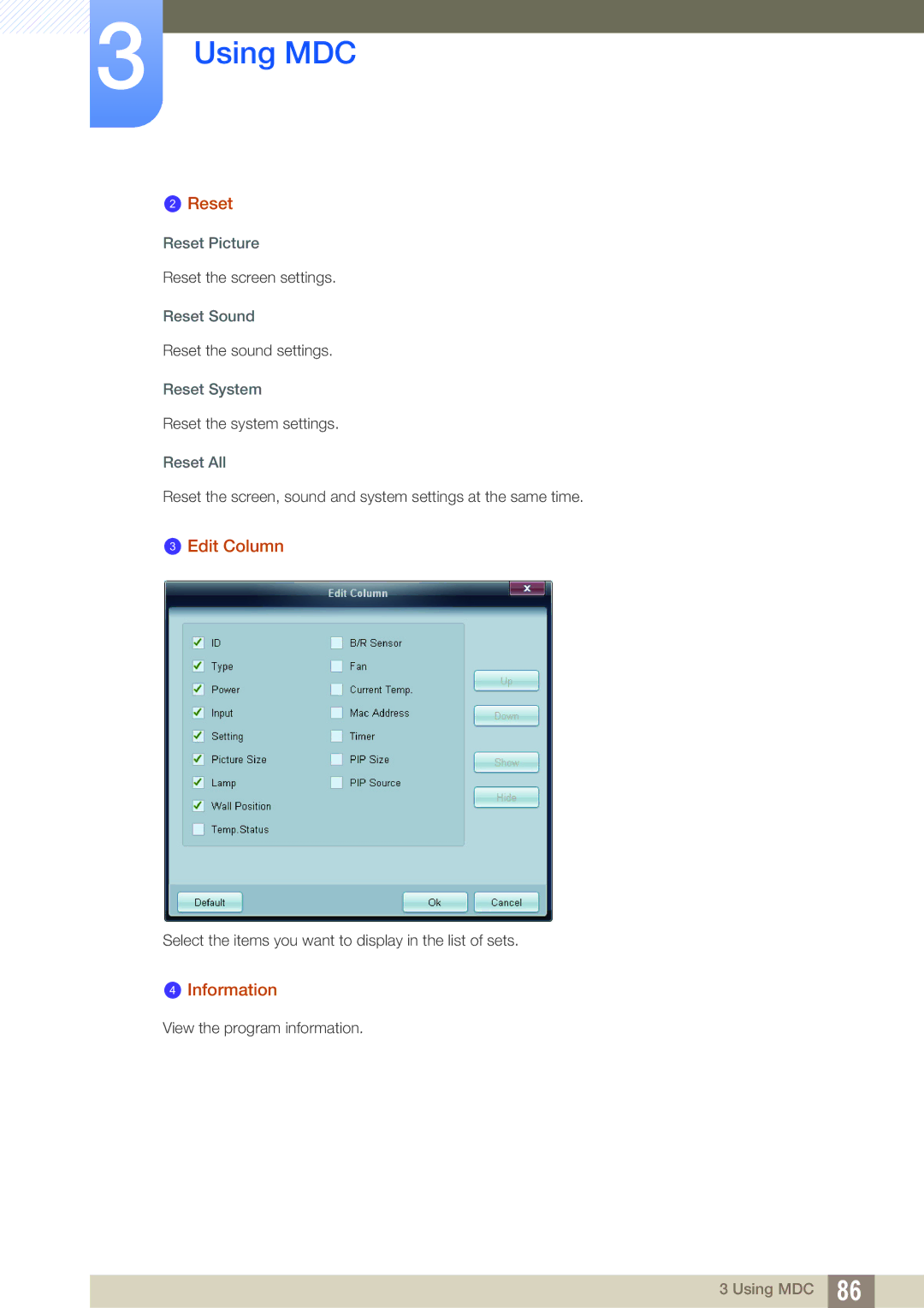 Samsung LH32ARPLBC/EN, LH40ARPLBC/EN, LH46ARPLBC/EN, LH40ARPLBC/XY, LH32ARPLBC/XY manual Reset, Edit Column, Information 