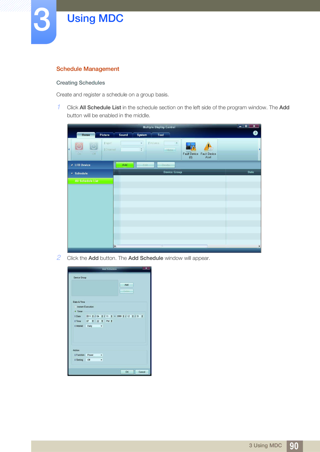 Samsung LH40ARPLBC/EN, LH46ARPLBC/EN, LH32ARPLBC/EN, LH40ARPLBC/XY, LH32ARPLBC/XY Schedule Management, Creating Schedules 