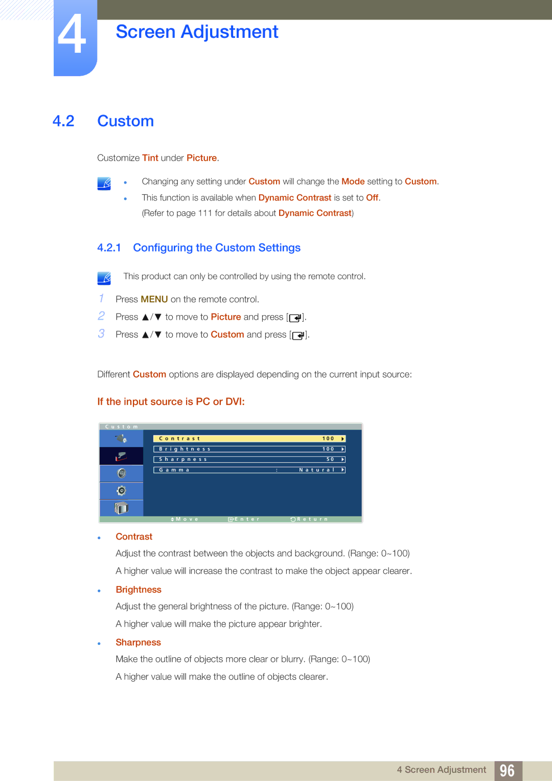 Samsung LH40ARPLBC/EN, LH46ARPLBC/EN, LH32ARPLBC/EN, LH40ARPLBC/XY manual Configuring the Custom Settings, Contrast 