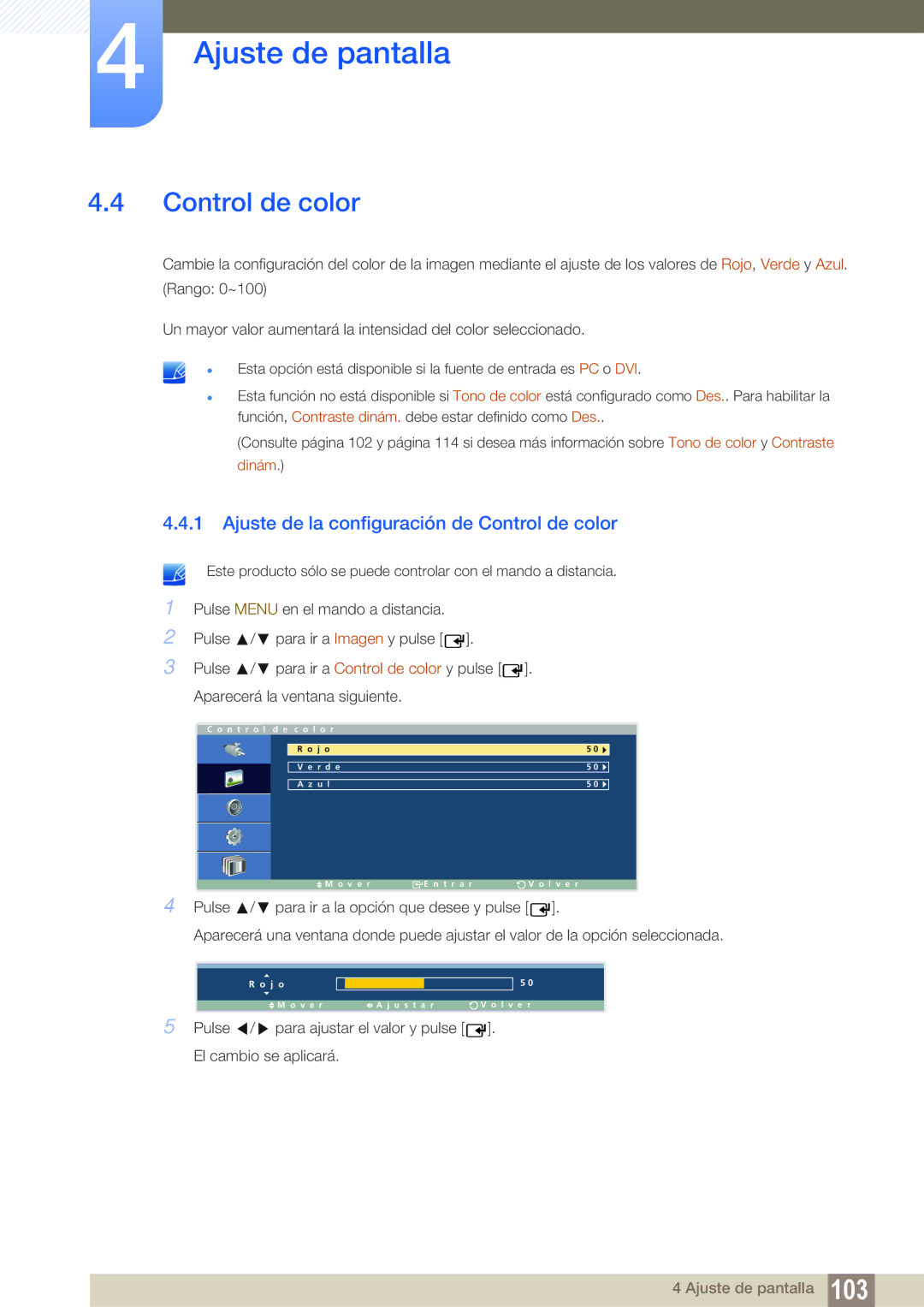 Samsung LH46ARPLBC/EN, LH40ARPLBC/EN, LH32ARPLBC/EN manual Ajuste de la configuración de Control de color 