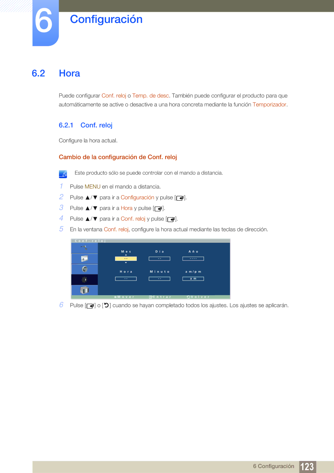 Samsung LH40ARPLBC/EN, LH46ARPLBC/EN, LH32ARPLBC/EN manual Hora, Cambio de la configuración de Conf. reloj 