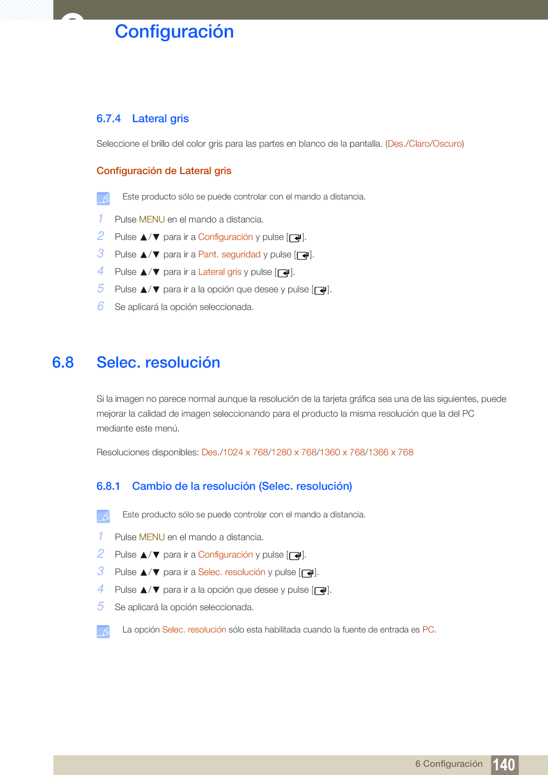 Samsung LH32ARPLBC/EN, LH40ARPLBC/EN manual Cambio de la resolución Selec. resolución, Configuración de Lateral gris 