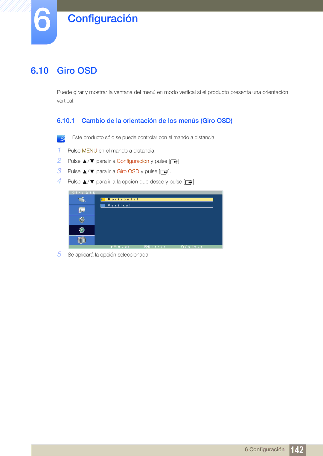 Samsung LH46ARPLBC/EN, LH40ARPLBC/EN, LH32ARPLBC/EN manual Cambio de la orientación de los menús Giro OSD 