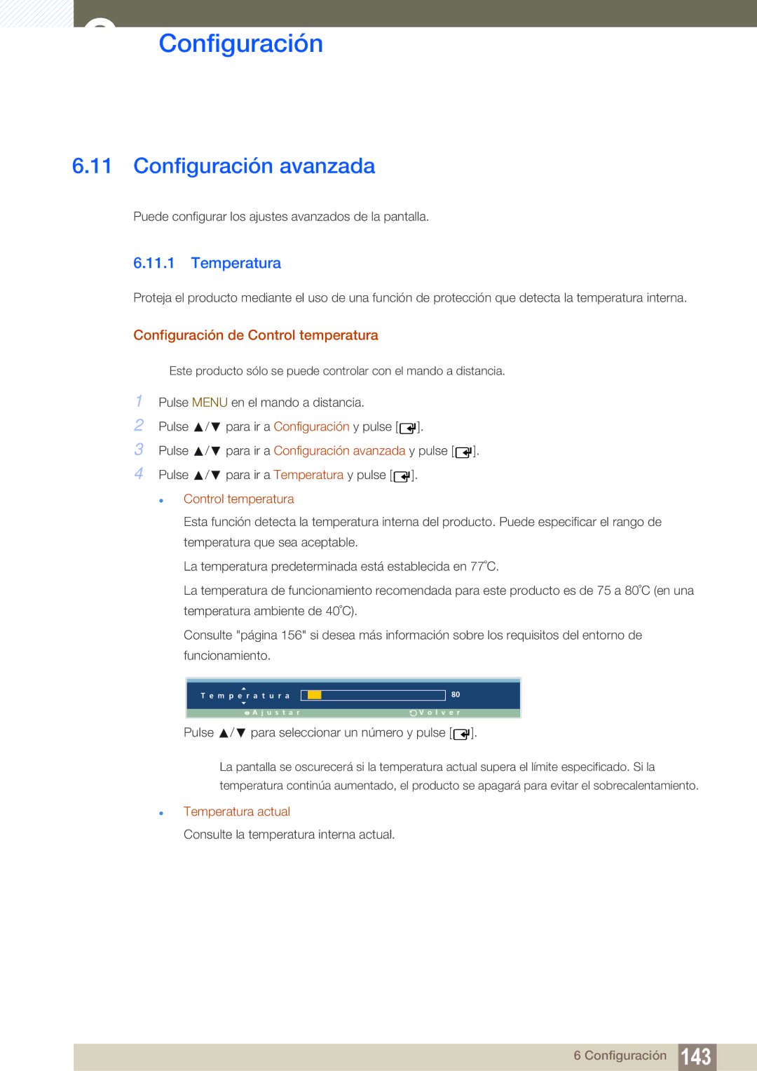 Samsung LH32ARPLBC/EN, LH40ARPLBC/EN Configuración avanzada, Configuración de Control temperatura, Temperatura actual 