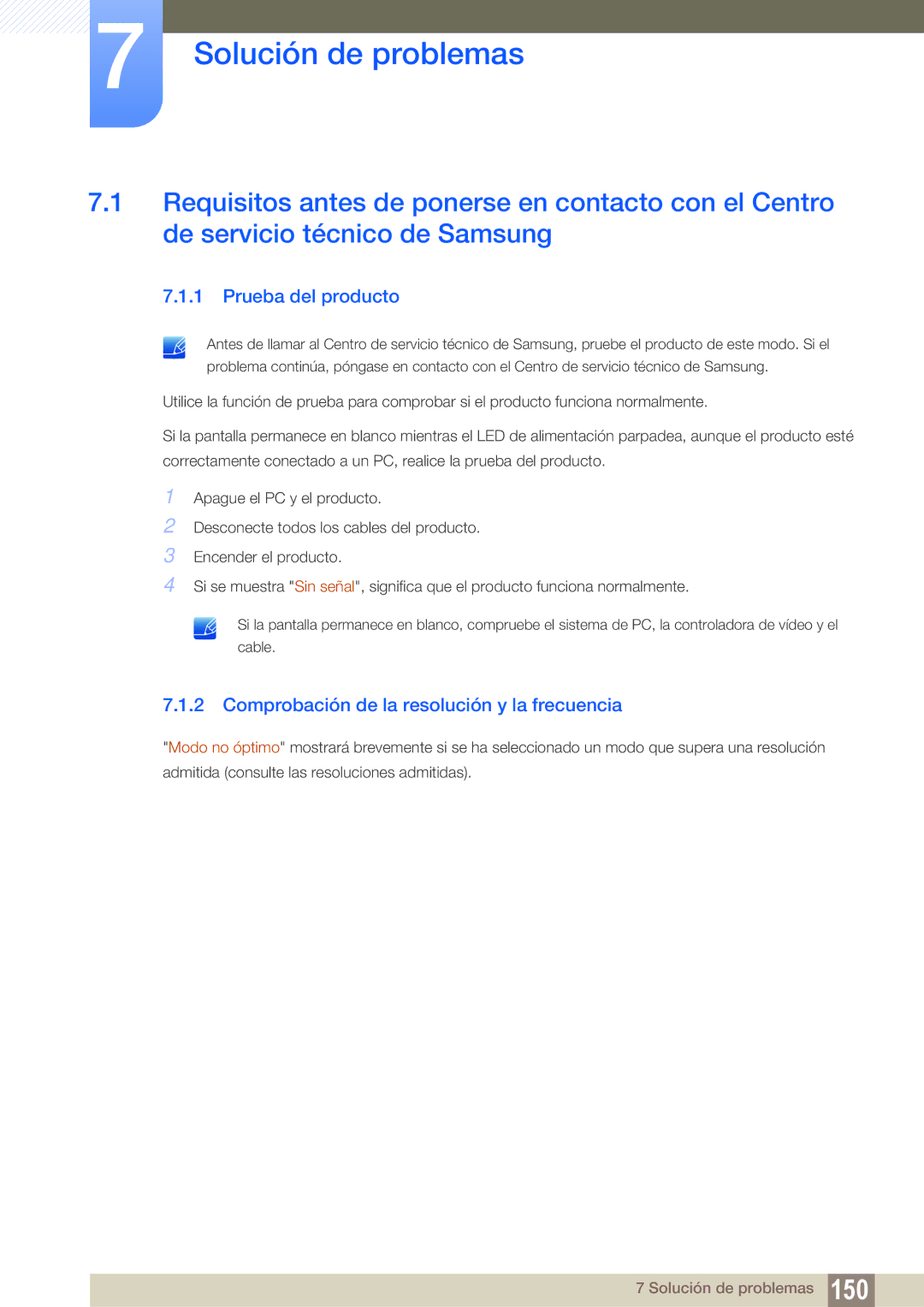 Samsung LH40ARPLBC/EN, LH46ARPLBC/EN, LH32ARPLBC/EN manual Prueba del producto, Comprobación de la resolución y la frecuencia 