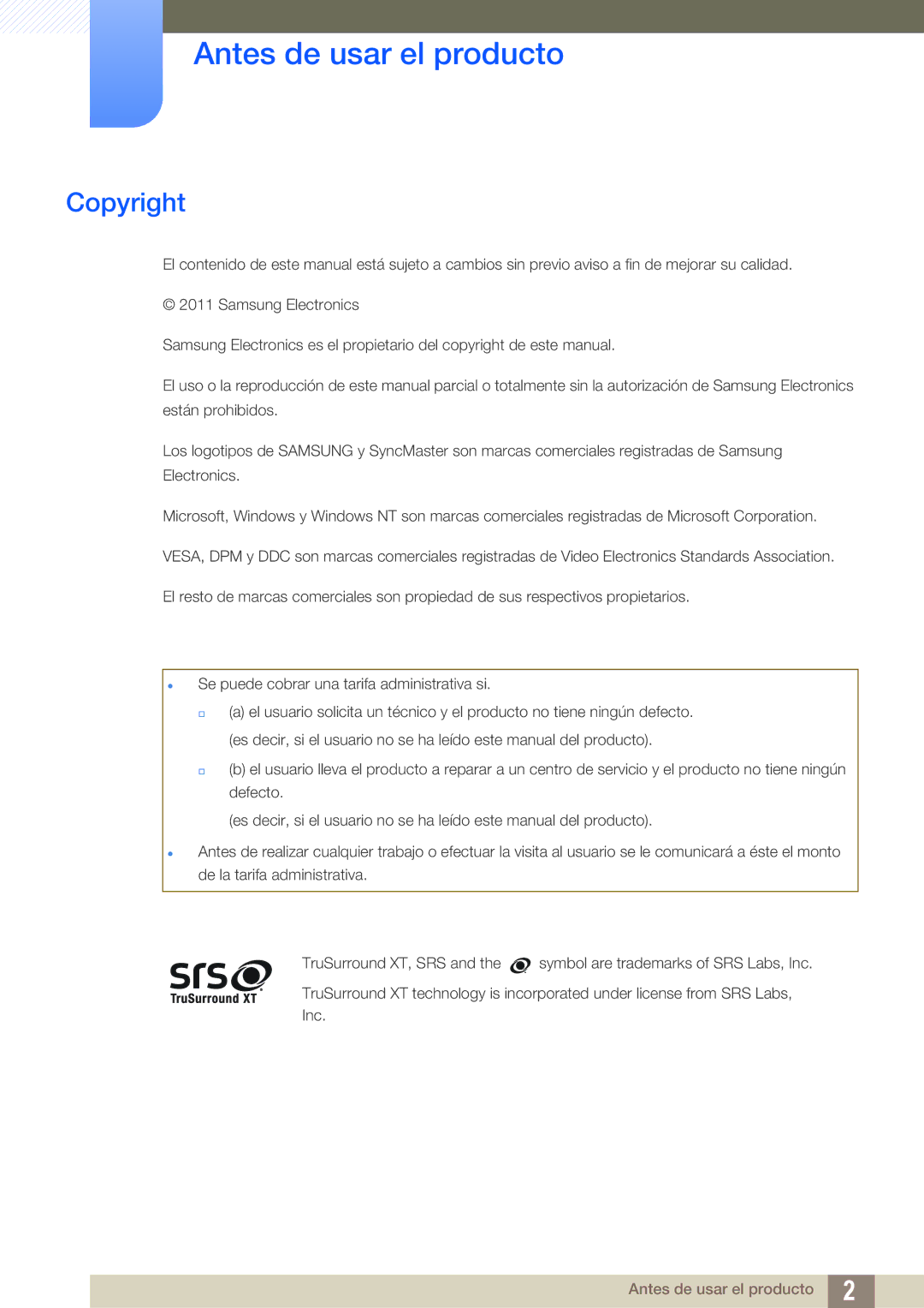 Samsung LH32ARPLBC/EN, LH40ARPLBC/EN, LH46ARPLBC/EN manual Antes de usar el producto, Copyright 