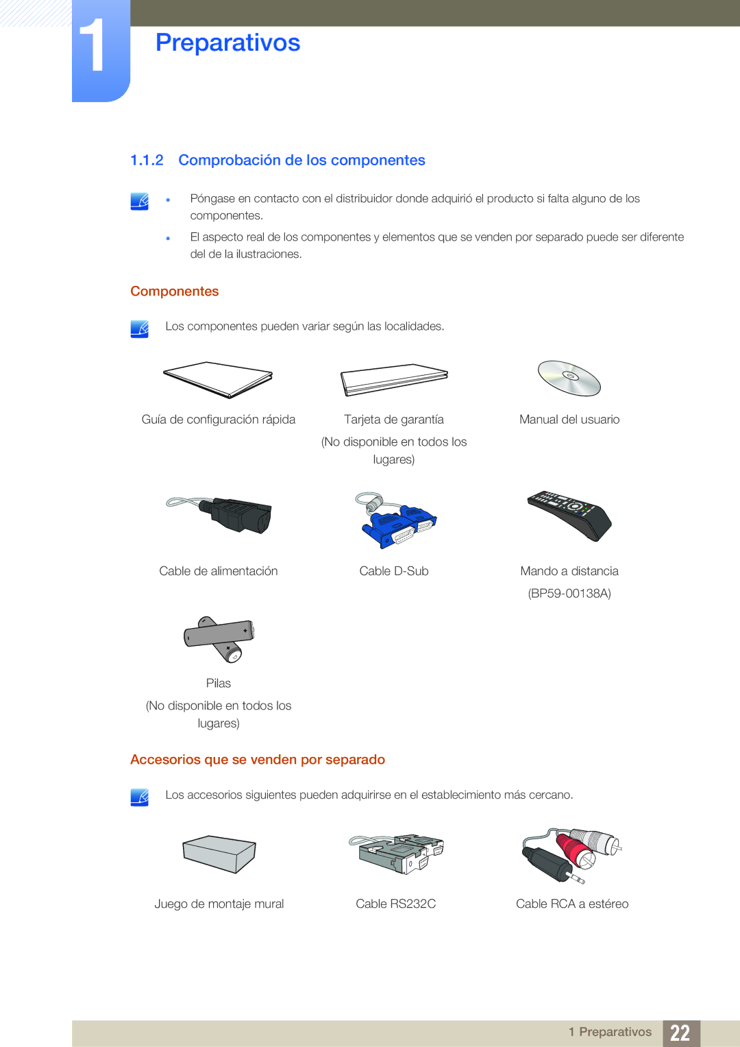 Samsung LH46ARPLBC/EN, LH40ARPLBC/EN Comprobación de los componentes, Componentes, Accesorios que se venden por separado 