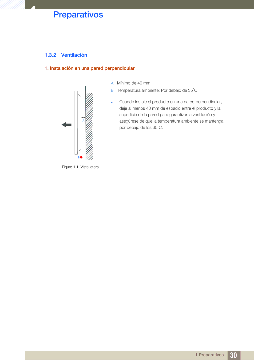 Samsung LH40ARPLBC/EN, LH46ARPLBC/EN, LH32ARPLBC/EN manual Ventilación, Instalación en una pared perpendicular 