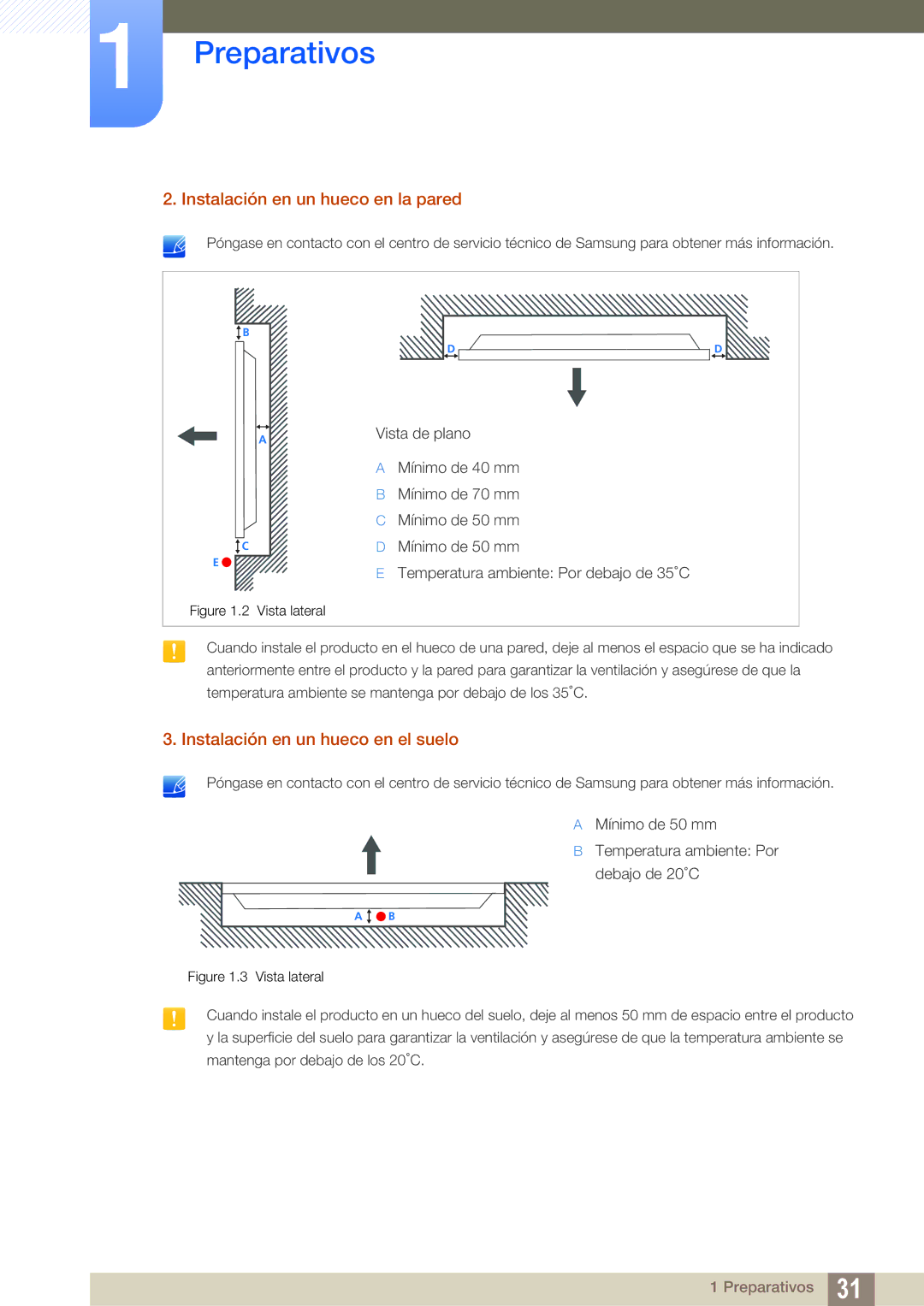 Samsung LH46ARPLBC/EN, LH40ARPLBC/EN manual Instalación en un hueco en la pared, Instalación en un hueco en el suelo 