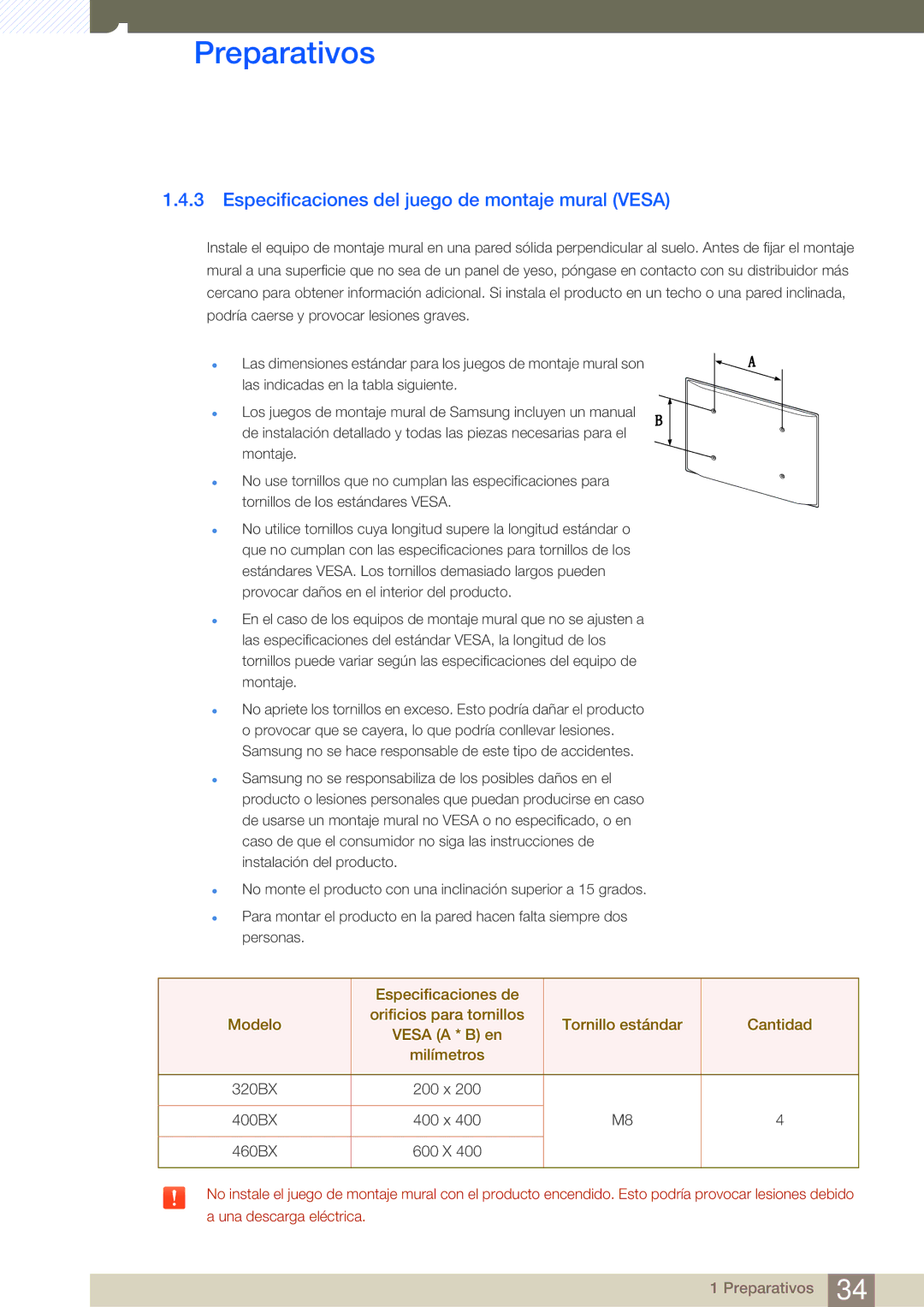 Samsung LH46ARPLBC/EN, LH40ARPLBC/EN, LH32ARPLBC/EN manual Especificaciones del juego de montaje mural Vesa 