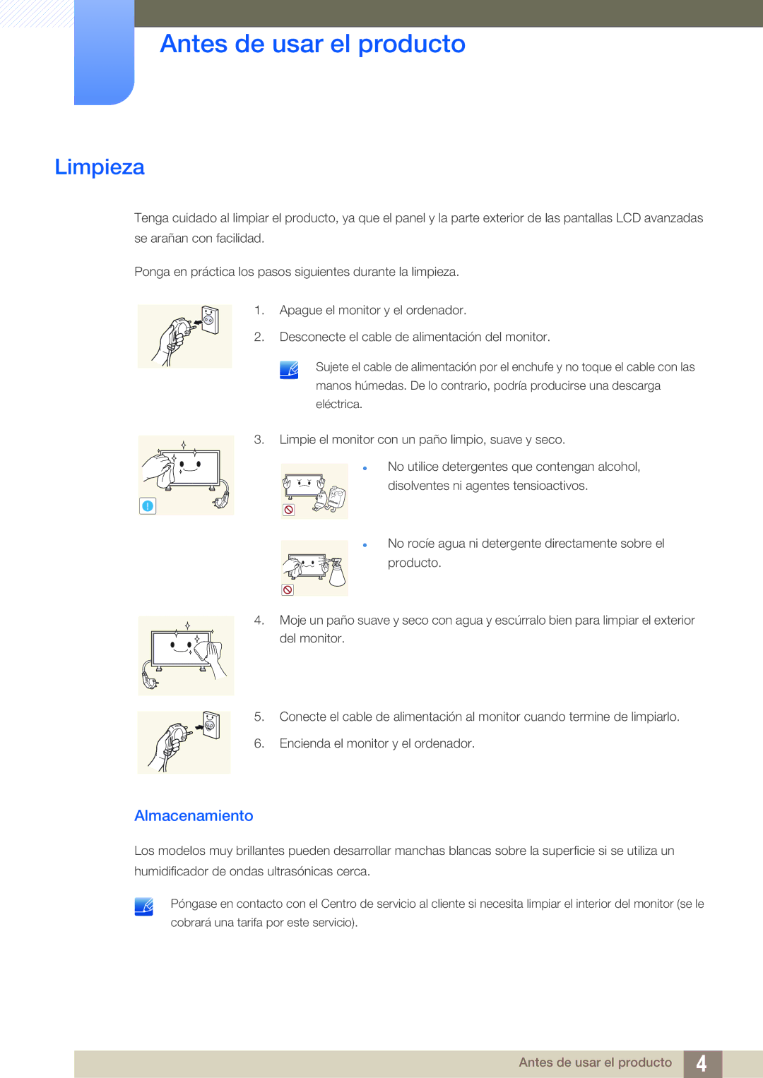 Samsung LH46ARPLBC/EN, LH40ARPLBC/EN, LH32ARPLBC/EN manual Limpieza, Almacenamiento 