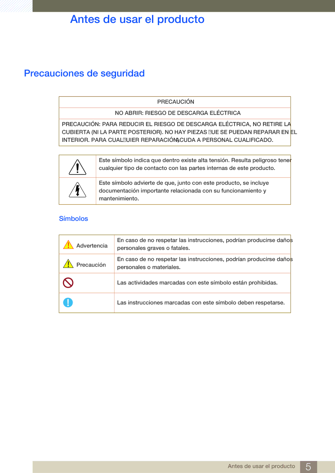 Samsung LH32ARPLBC/EN, LH40ARPLBC/EN, LH46ARPLBC/EN manual Precauciones de seguridad, Símbolos 