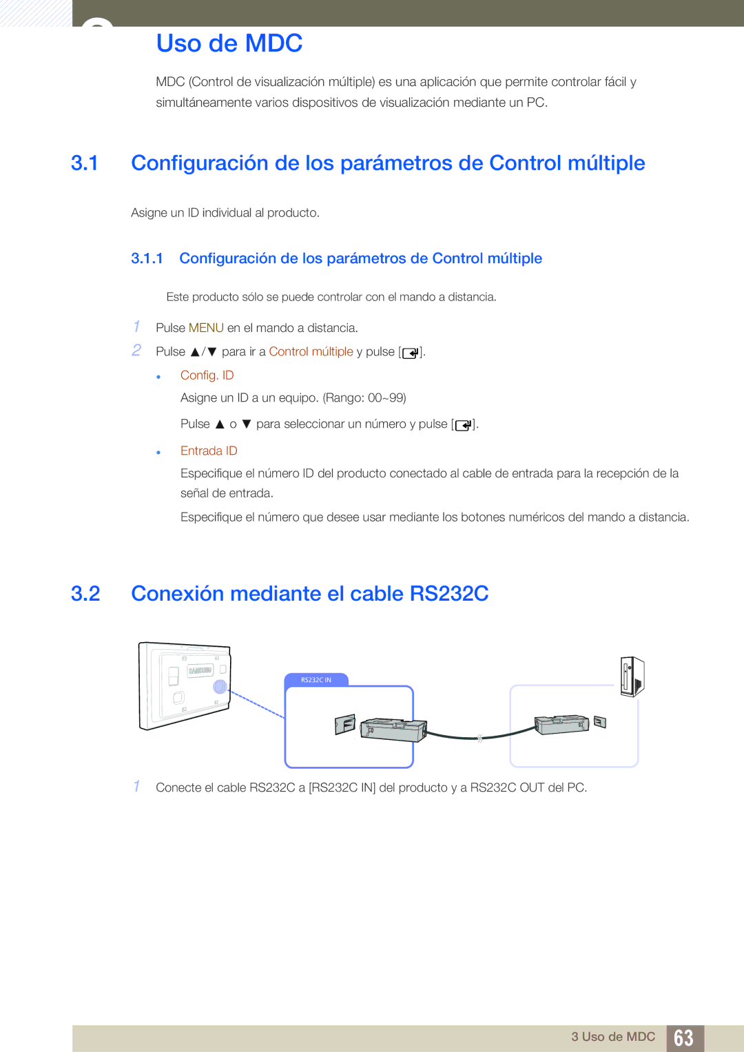 Samsung LH40ARPLBC/EN Configuración de los parámetros de Control múltiple, Conexión mediante el cable RS232C, Config. ID 