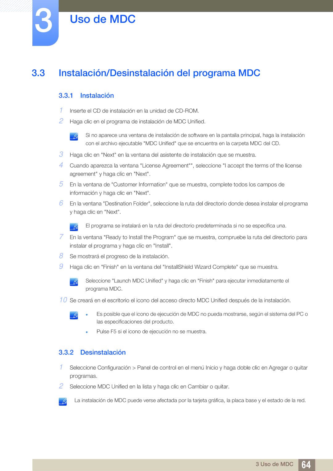 Samsung LH46ARPLBC/EN, LH40ARPLBC/EN, LH32ARPLBC/EN manual Instalación/Desinstalación del programa MDC 