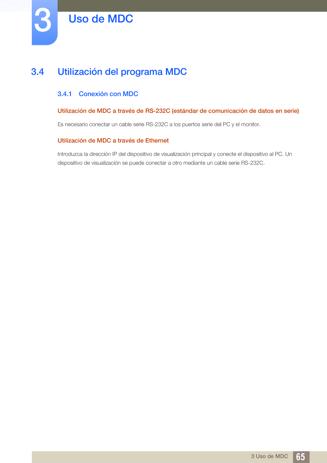 Samsung LH32ARPLBC/EN manual Utilización del programa MDC, Conexión con MDC, Utilización de MDC a través de Ethernet 