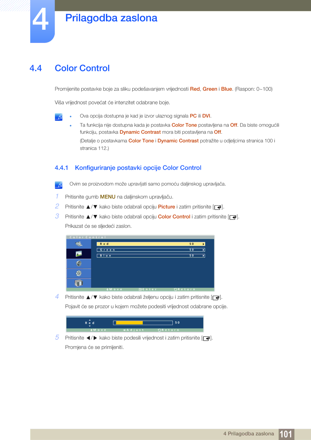 Samsung LH46ARPLBC/EN, LH40ARPLBC/EN manual Konfiguriranje postavki opcije Color Control 