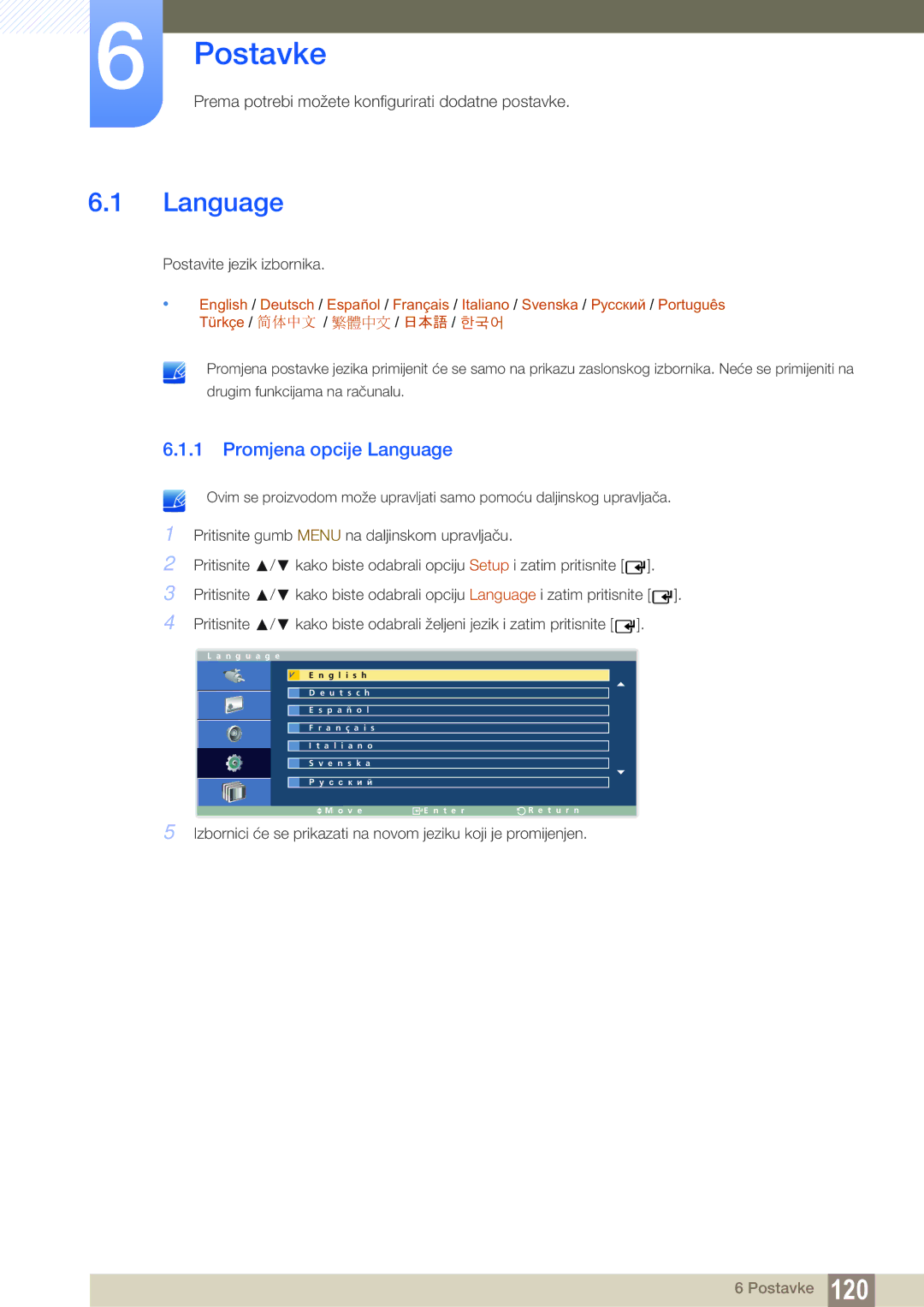 Samsung LH40ARPLBC/EN, LH46ARPLBC/EN manual Promjena opcije Language 