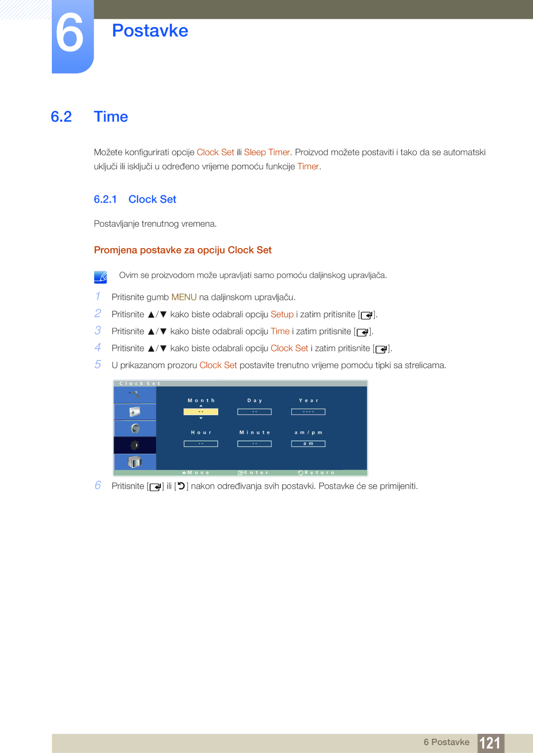 Samsung LH46ARPLBC/EN, LH40ARPLBC/EN manual Time, Promjena postavke za opciju Clock Set 