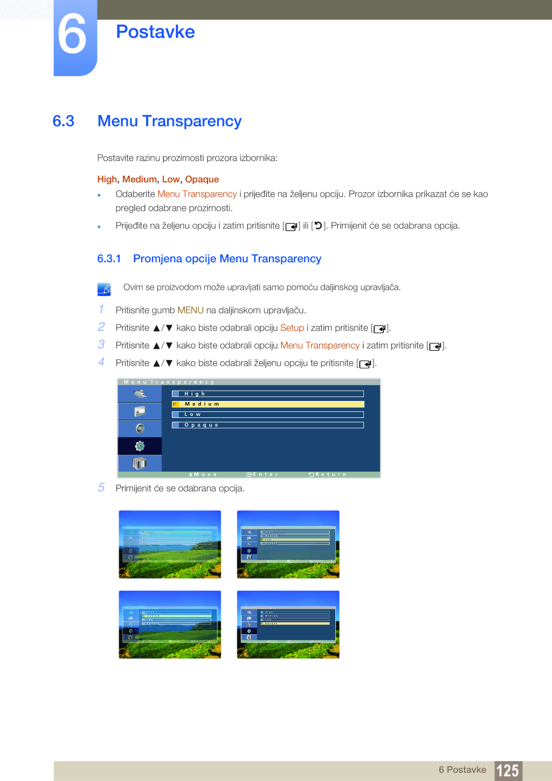 Samsung LH46ARPLBC/EN, LH40ARPLBC/EN manual Promjena opcije Menu Transparency, High, Medium, Low, Opaque 