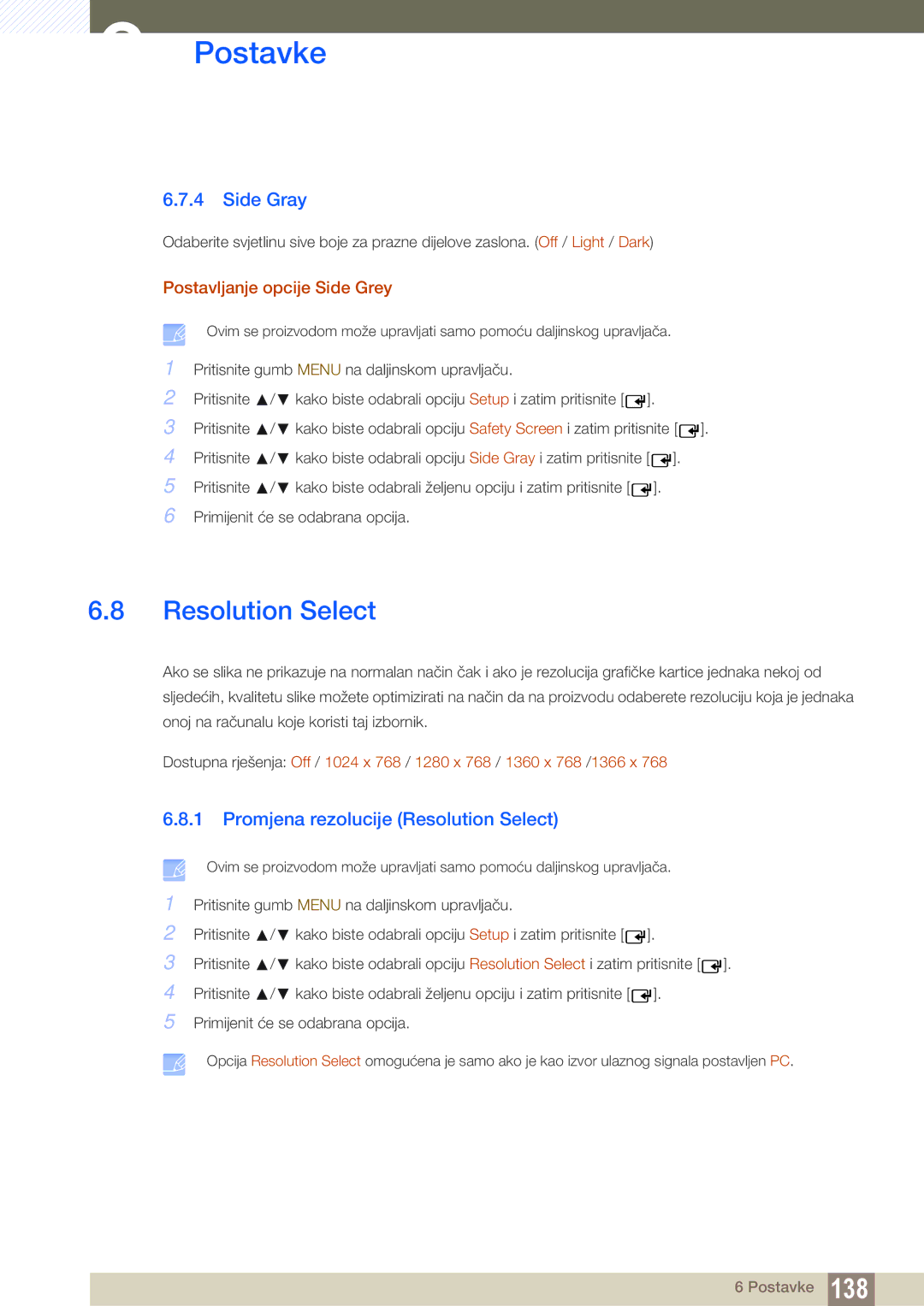 Samsung LH40ARPLBC/EN, LH46ARPLBC/EN Side Gray, Promjena rezolucije Resolution Select, Postavljanje opcije Side Grey 