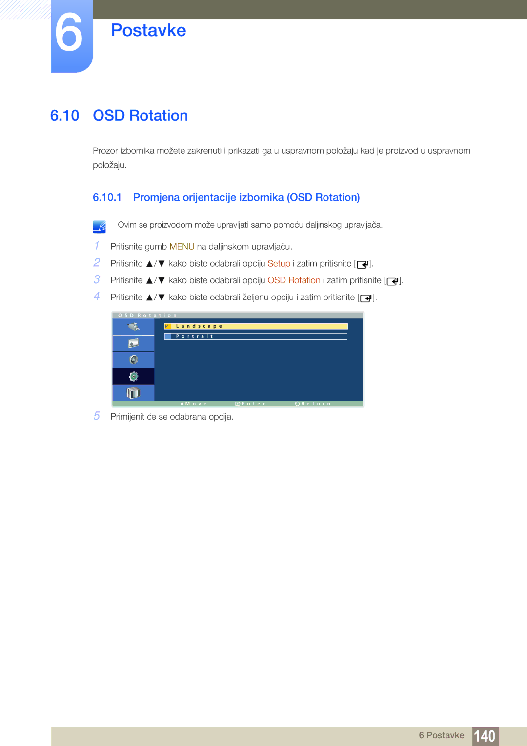 Samsung LH40ARPLBC/EN, LH46ARPLBC/EN manual Promjena orijentacije izbornika OSD Rotation 