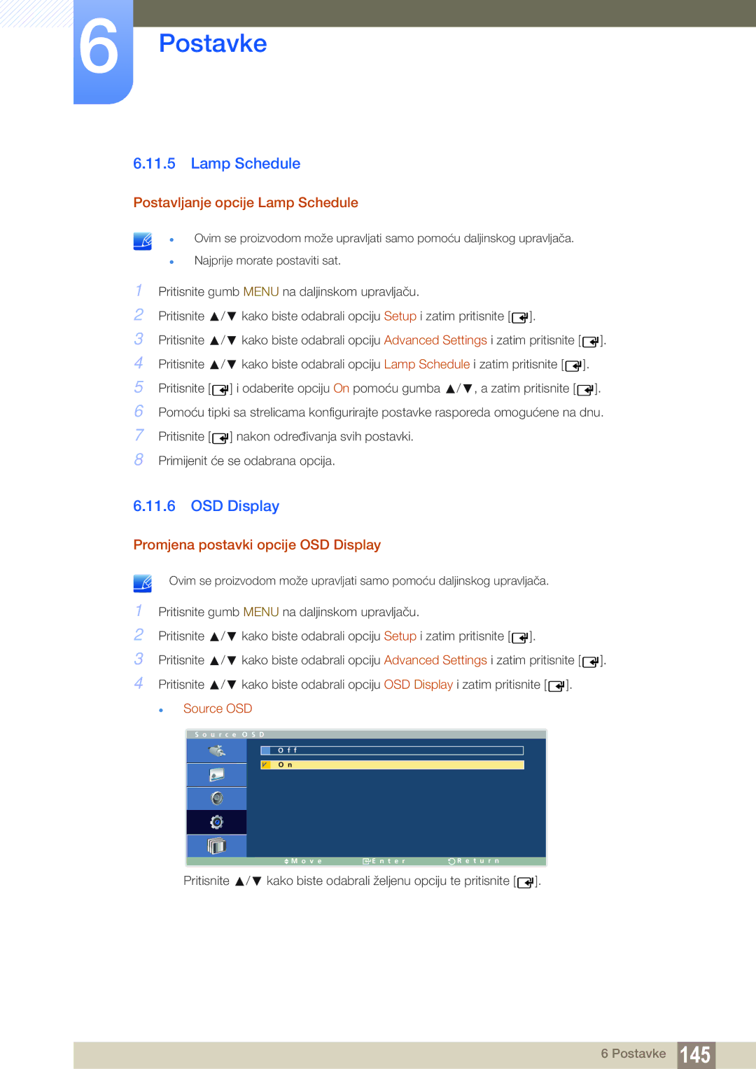 Samsung LH46ARPLBC/EN manual Postavljanje opcije Lamp Schedule, Promjena postavki opcije OSD Display, Source OSD 