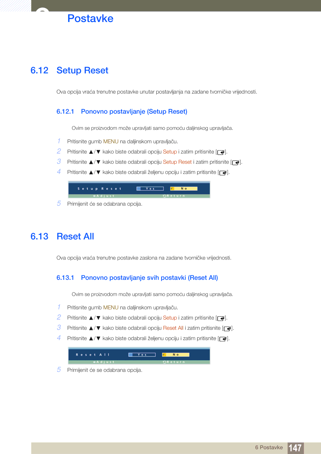 Samsung LH46ARPLBC/EN manual Ponovno postavljanje Setup Reset, Ponovno postavljanje svih postavki Reset All 