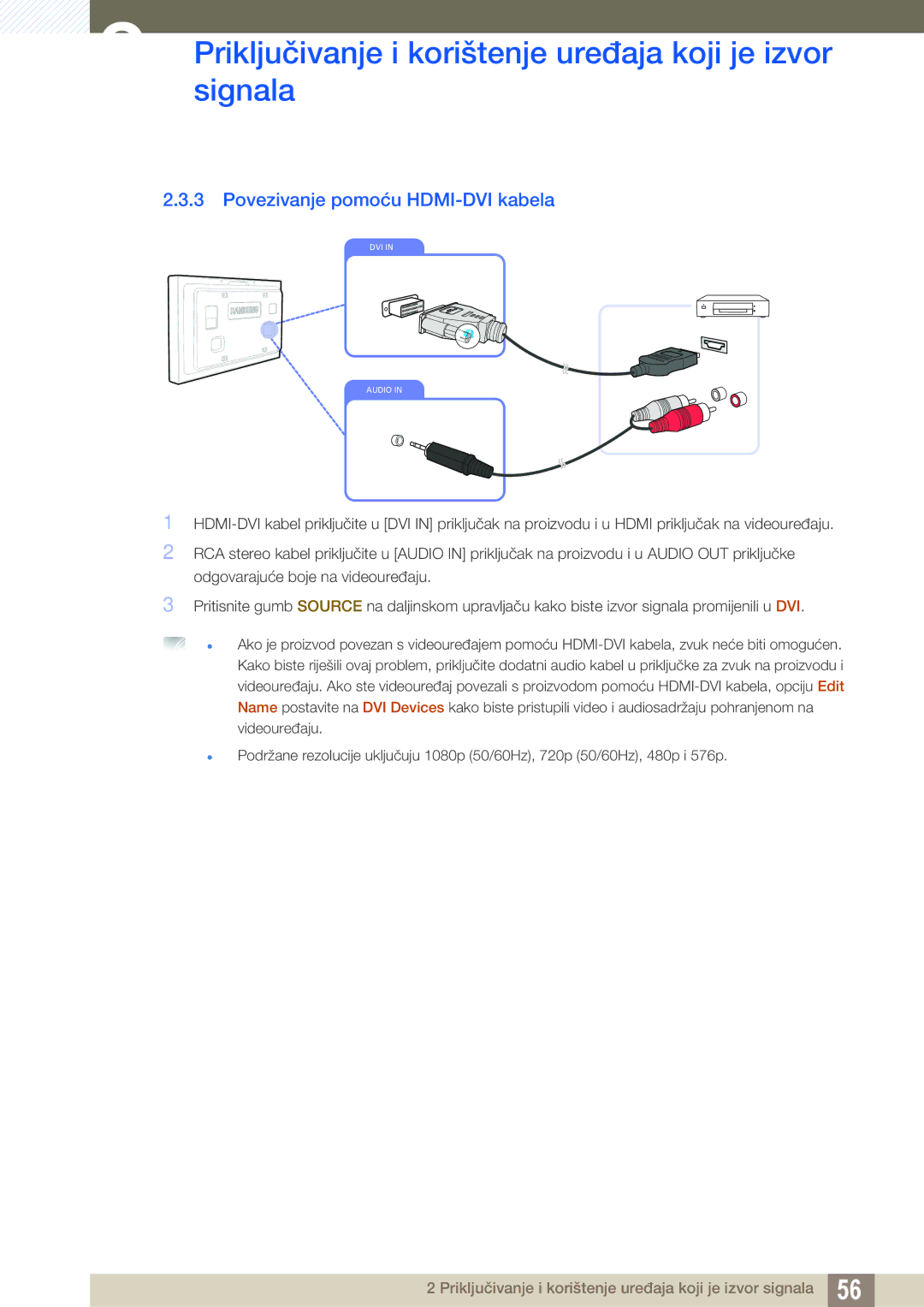 Samsung LH40ARPLBC/EN, LH46ARPLBC/EN manual Povezivanje pomoću HDMI-DVI kabela 