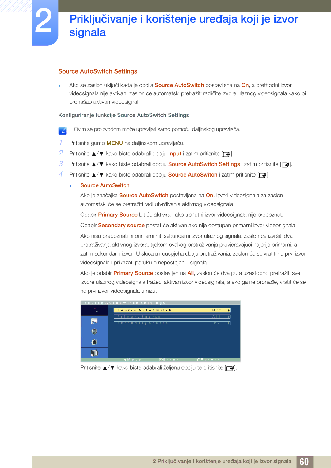 Samsung LH40ARPLBC/EN, LH46ARPLBC/EN manual Konfiguriranje funkcije Source AutoSwitch Settings 