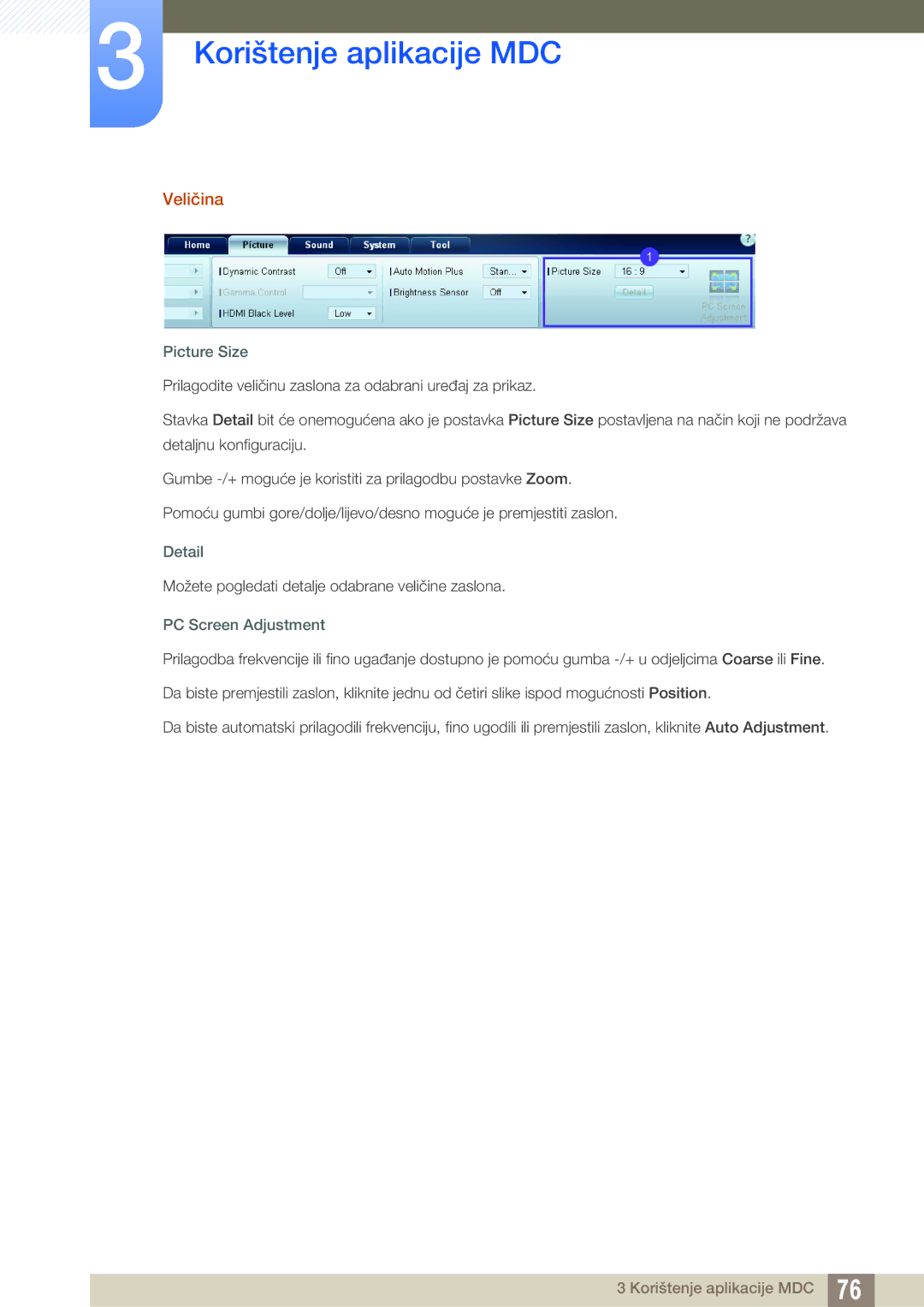 Samsung LH40ARPLBC/EN, LH46ARPLBC/EN manual Veličina, Picture Size, Detail, PC Screen Adjustment 