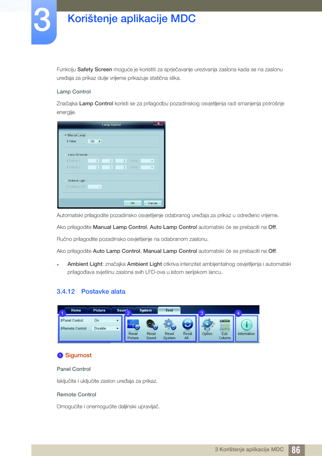 Samsung LH40ARPLBC/EN, LH46ARPLBC/EN manual Postavke alata, Lamp Control, Panel Control, Remote Control 