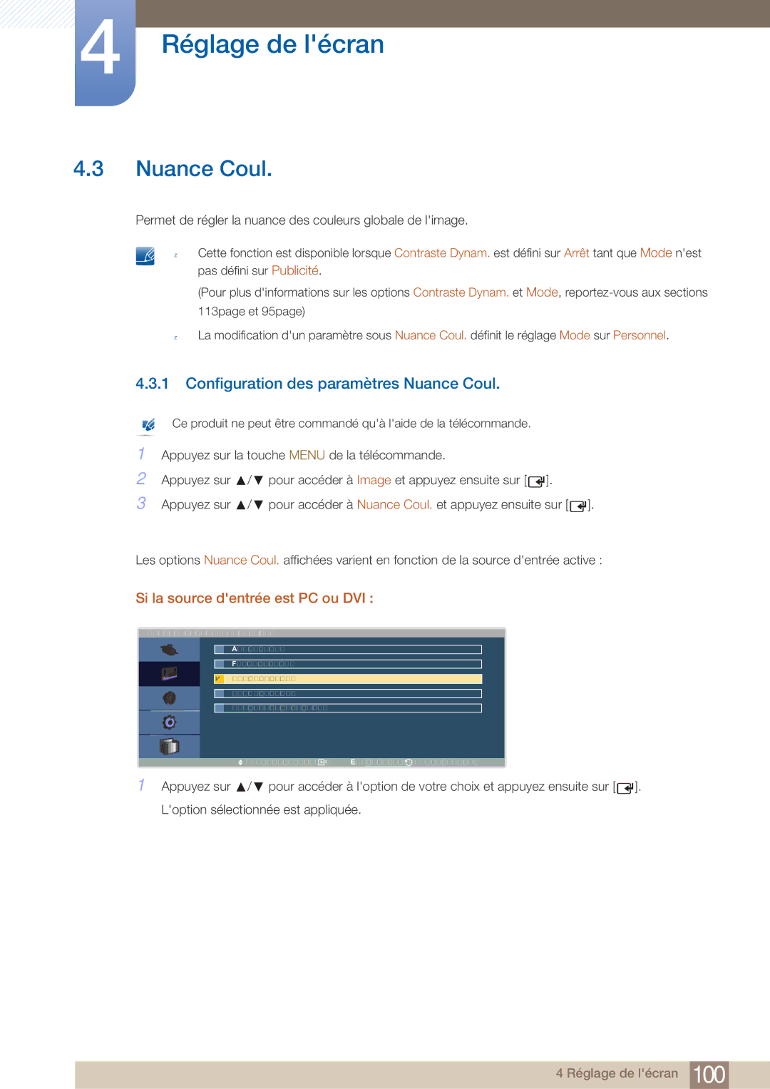 Samsung LH40ARPLBC/EN manual Configuration des paramètres Nuance Coul 