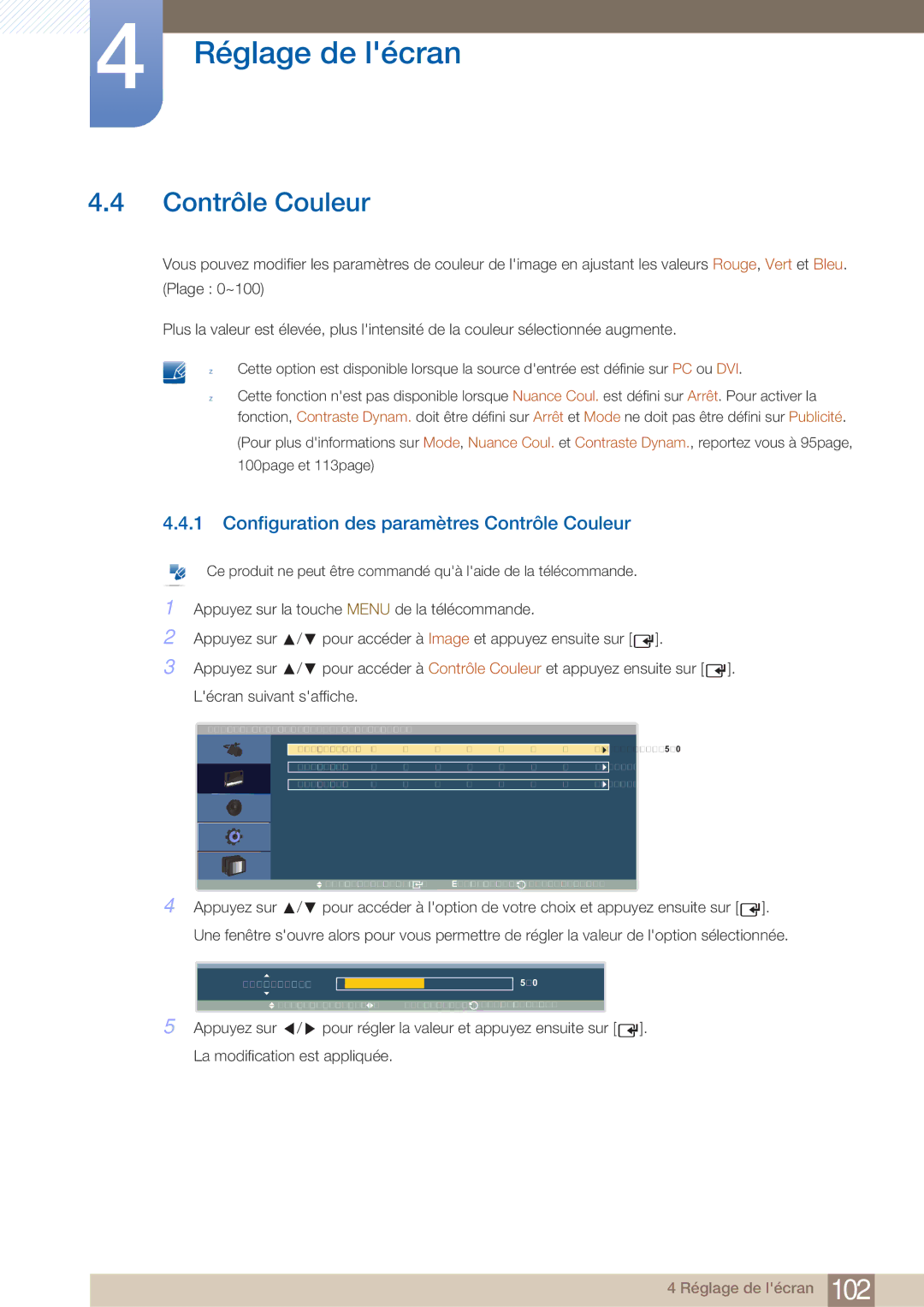 Samsung LH40ARPLBC/EN manual Configuration des paramètres Contrôle Couleur 