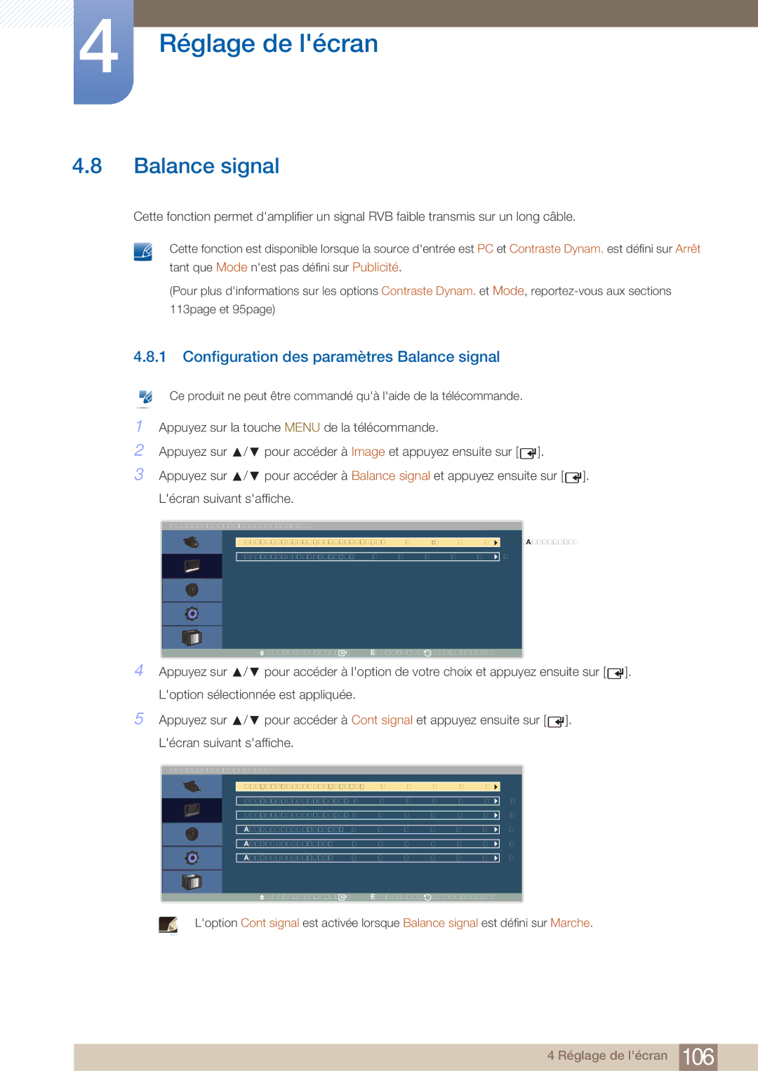 Samsung LH40ARPLBC/EN manual Configuration des paramètres Balance signal 