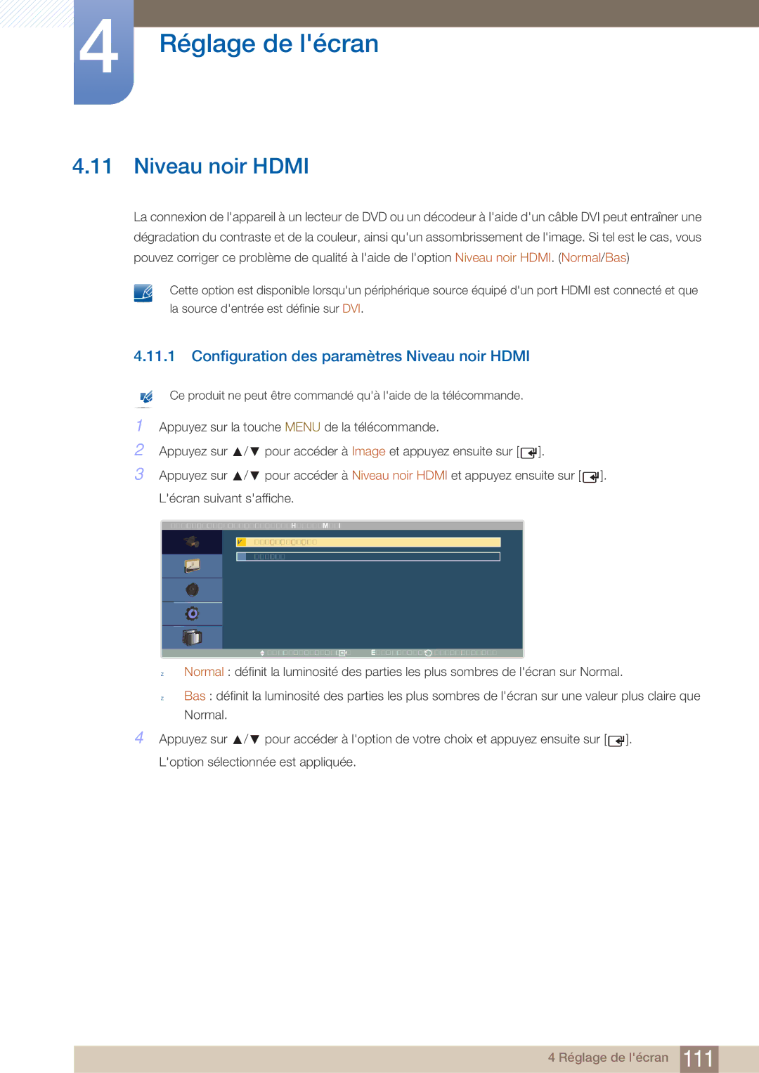 Samsung LH40ARPLBC/EN manual Configuration des paramètres Niveau noir Hdmi 