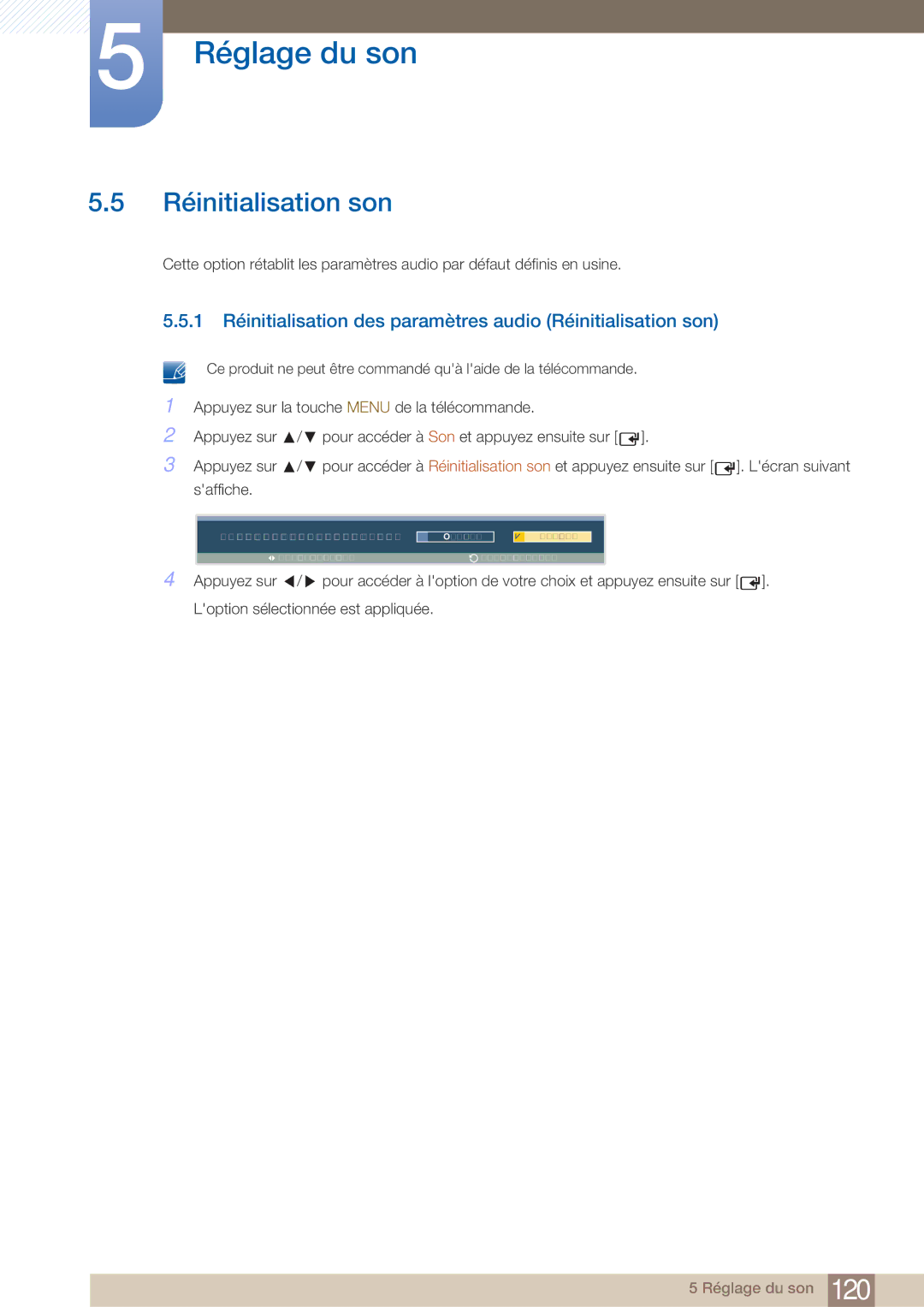 Samsung LH40ARPLBC/EN manual 1 Réinitialisation des paramètres audio Réinitialisation son 