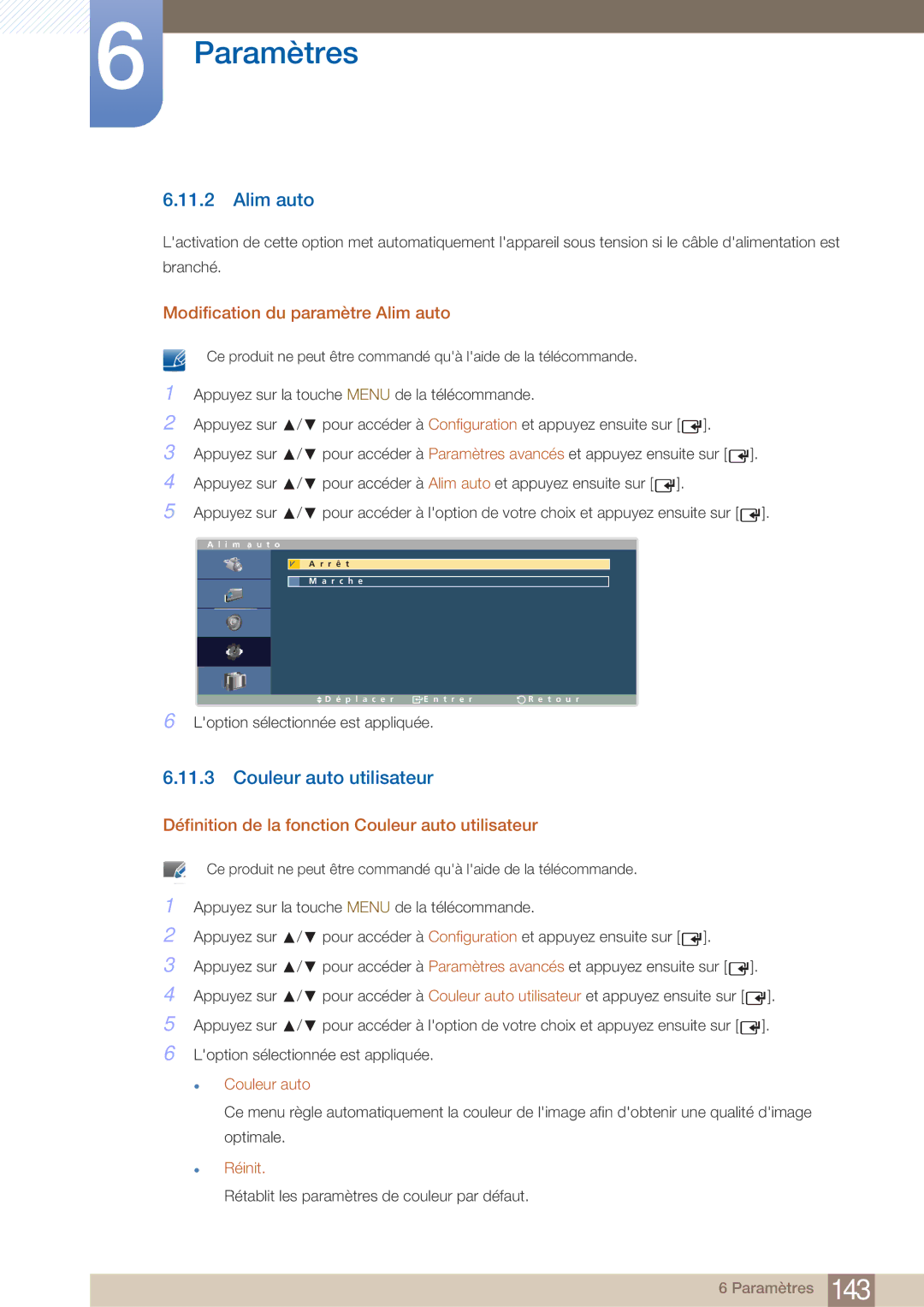 Samsung LH40ARPLBC/EN manual Couleur auto utilisateur, Modification du paramètre Alim auto 