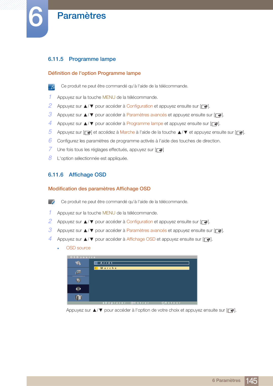 Samsung LH40ARPLBC/EN Définition de loption Programme lampe, Modification des paramètres Affichage OSD, OSD source 