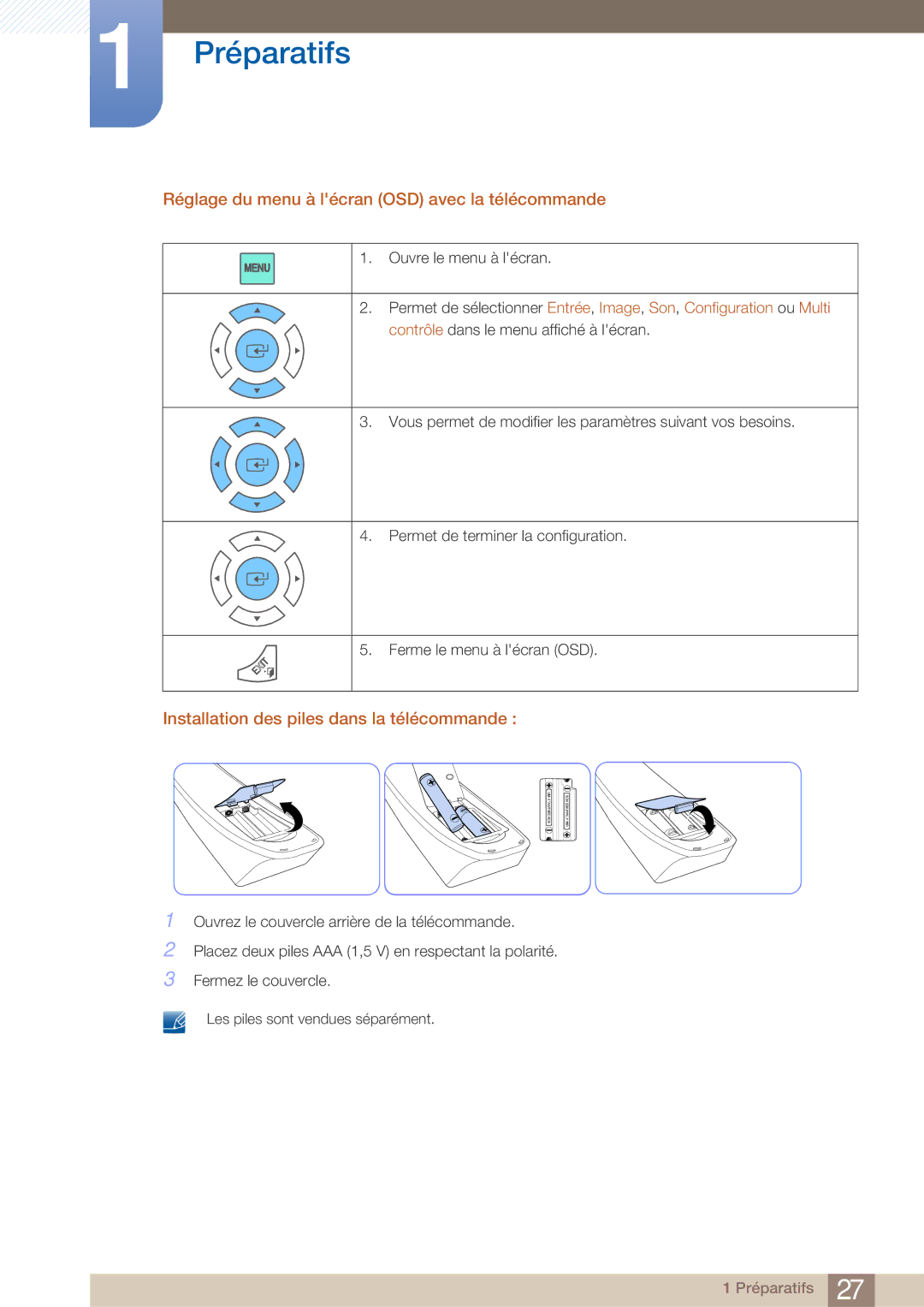 Samsung LH40ARPLBC/EN manual Réglage du menu à lécran OSD avec la télécommande, Installation des piles dans la télécommande 